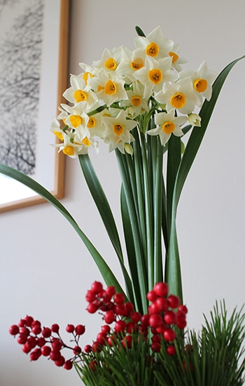 和モダンな花で迎えるお正月 日本水仙やマムで作る清々しい香りのミニアレンジ 花のある週末 Interior Madamefigaro Jp フィガロジャポン