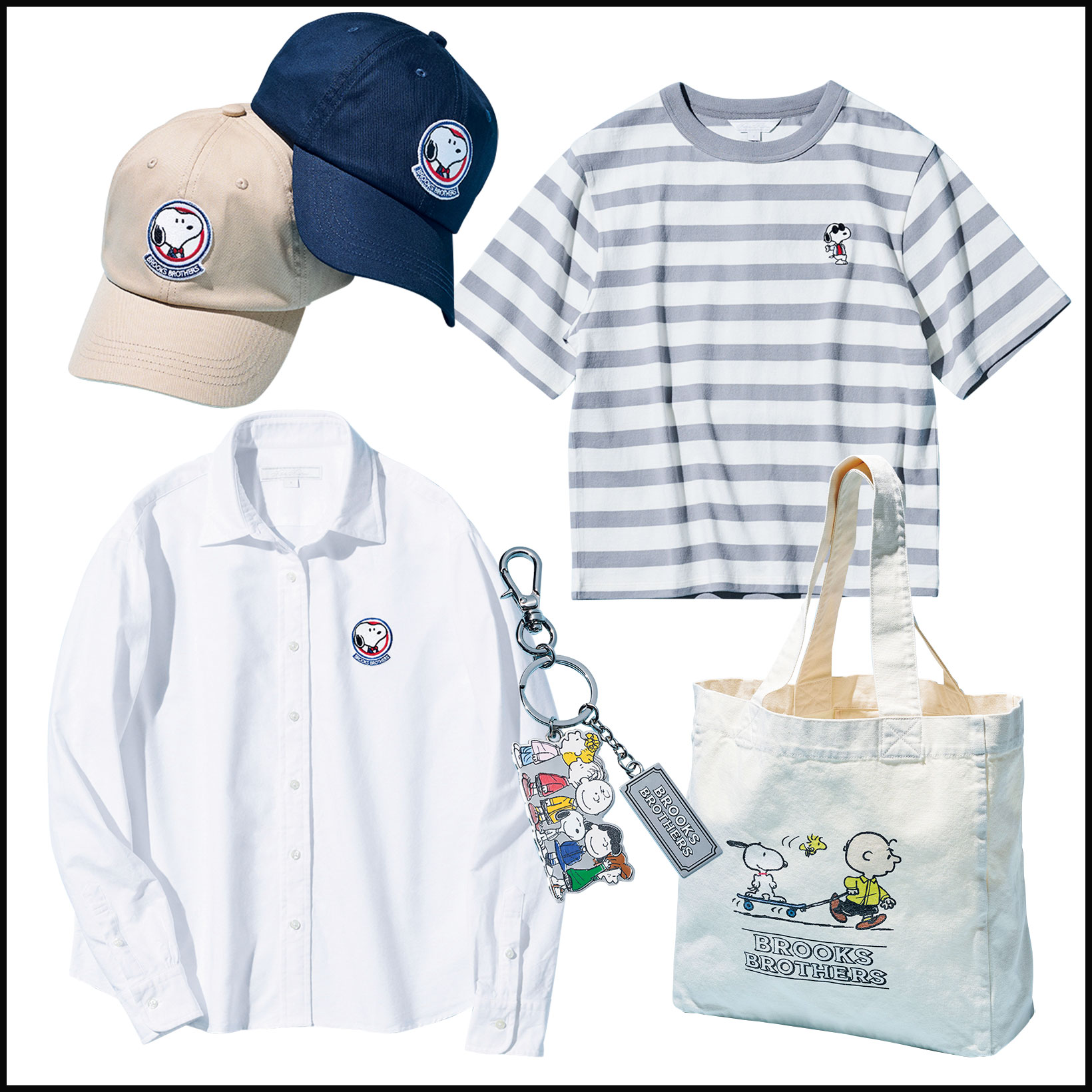 【ピーナッツ×ブルックス ブラザーズ】スヌーピーのボーダーTシャツやキャップなど、大人のプレッピーアイテム登場。