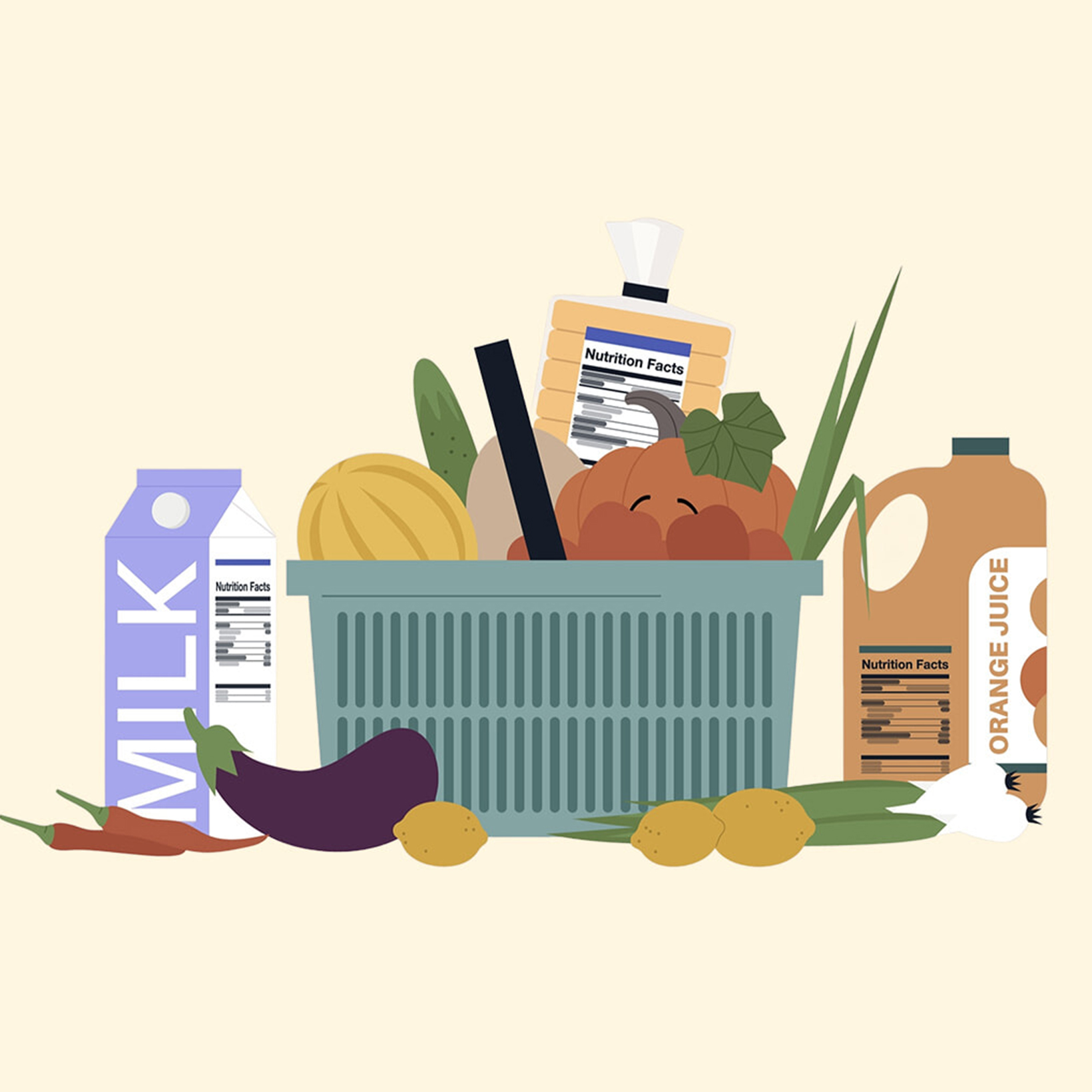 Cart overflowing with groceries, including milk, juice, vegetables, and a Nutrition Facts label visible on some items.