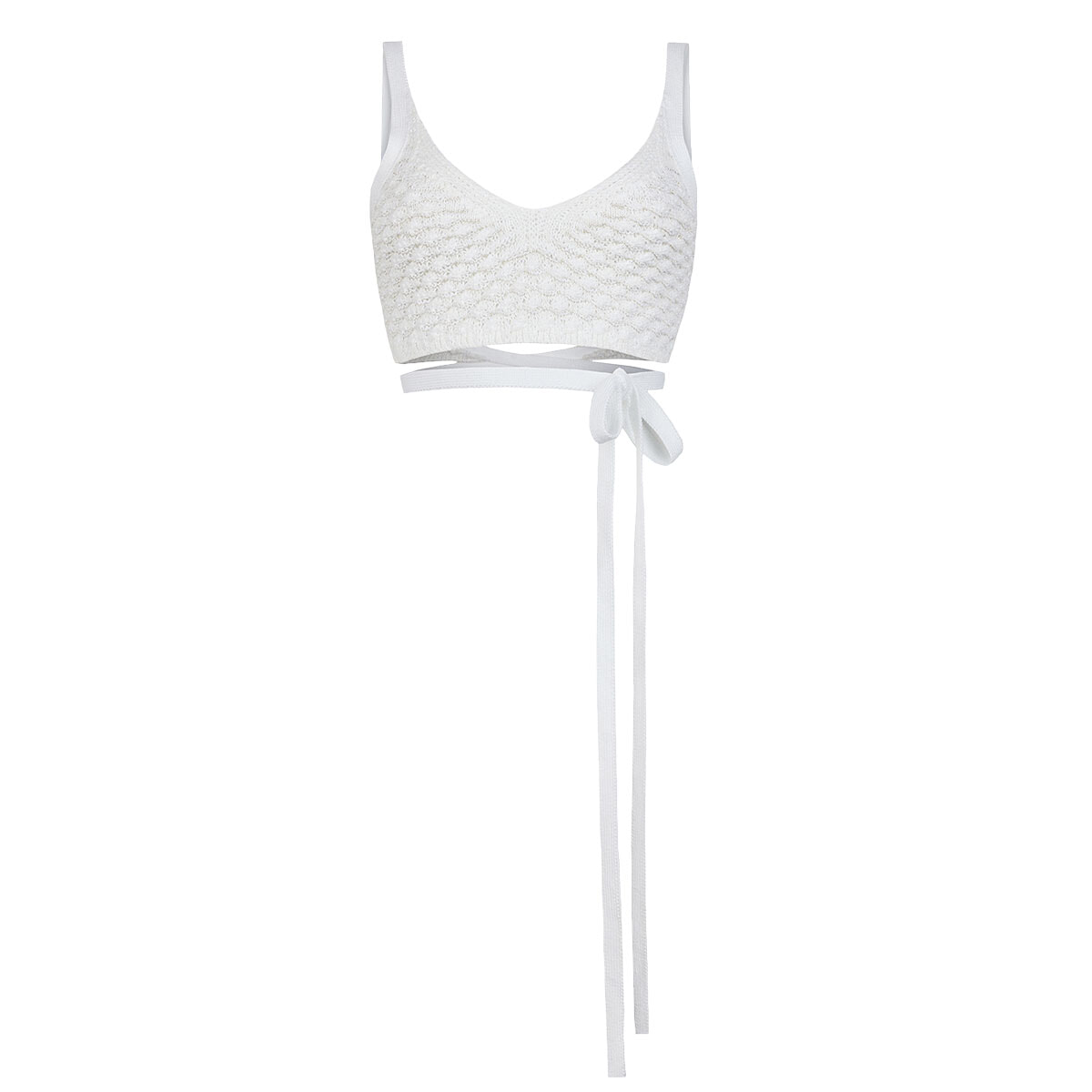 White crocheted bralette with a wrap-around tie at the waist and wide straps, cropped style.