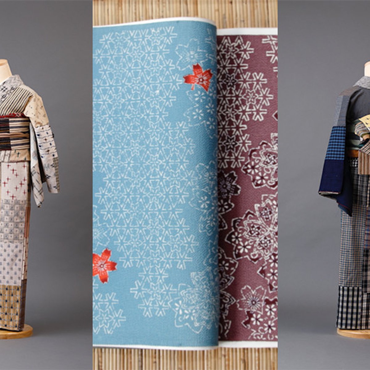 伝説のきもの作家、浦野理一の布をリメイクして展示。