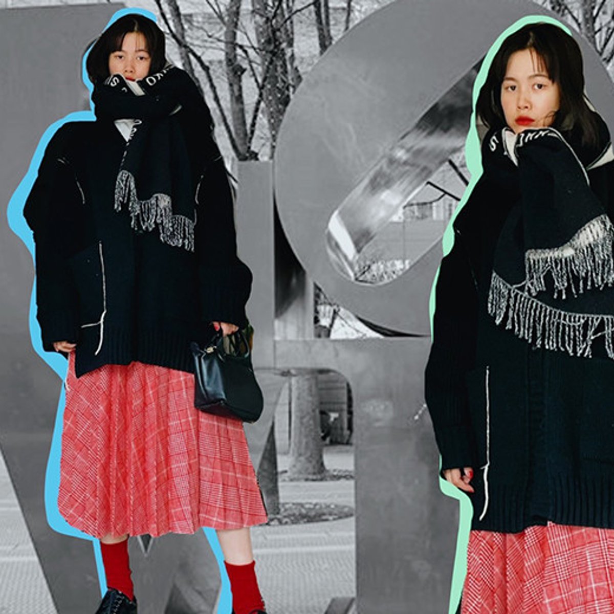 上着を着ても脱いでも可愛い、赤と黒の冬ファッション。