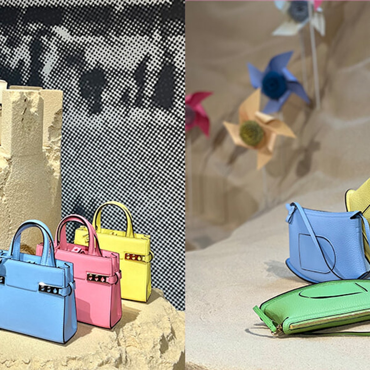 ベルギーの海浜ヴァカンスで、砂のお城とデルヴォーのバッグ。