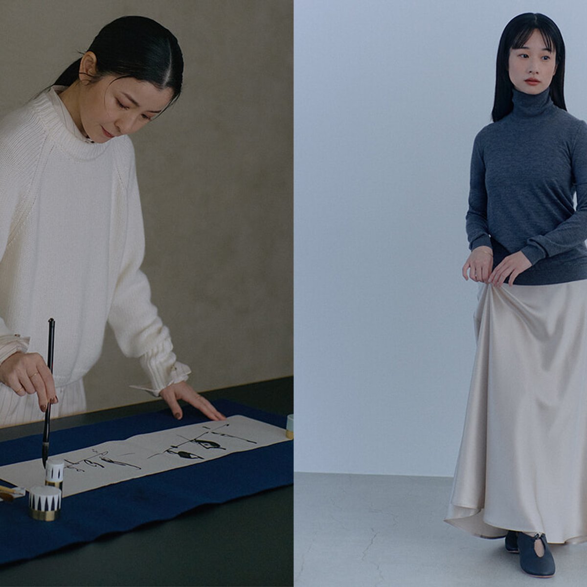 ふたりの伝統芸能家が纏う、ファルコネーリの上質なカシミヤ。