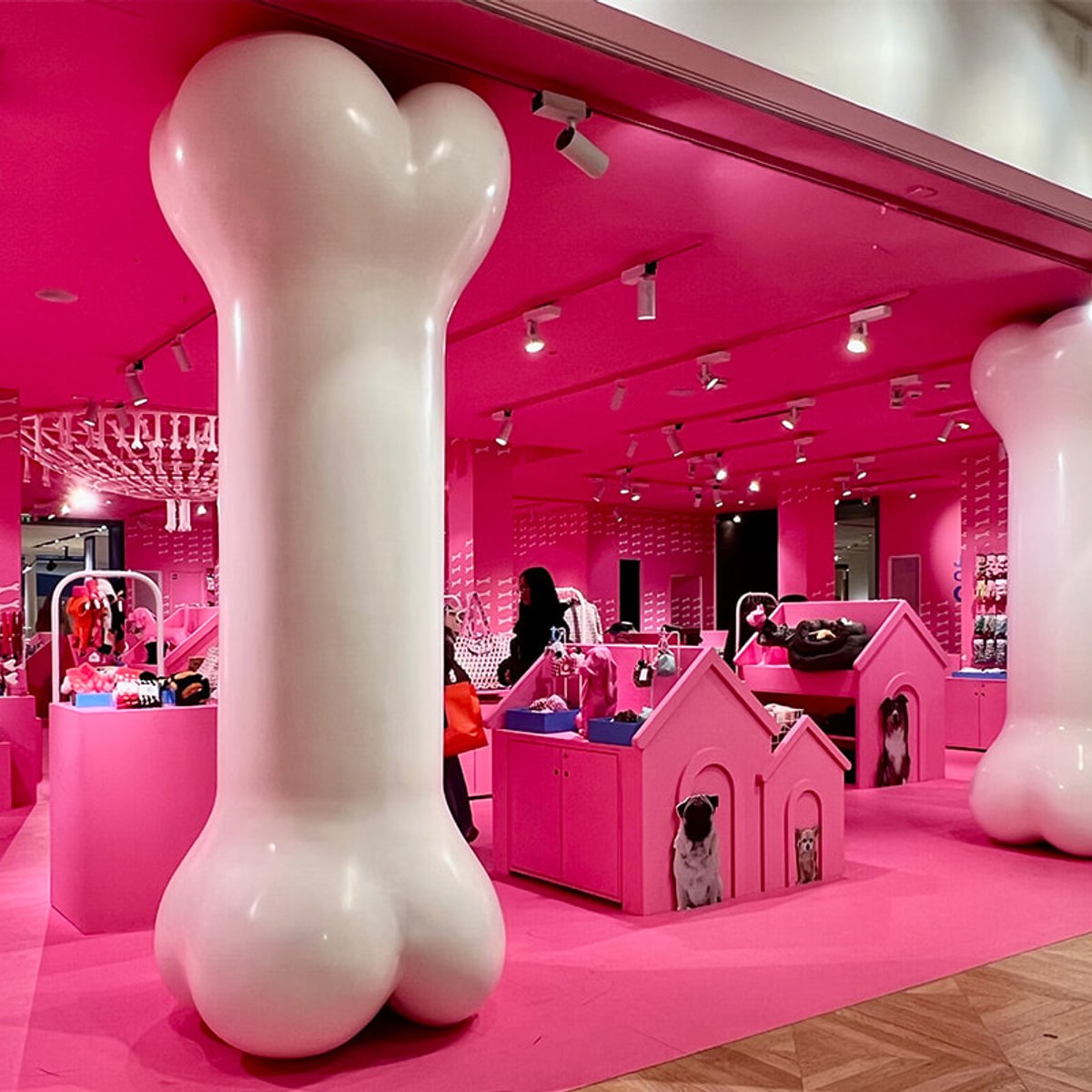 買い物客が犬連れでやってくる。ボン・マルシェで開催の犬展、ウォフウォフ！