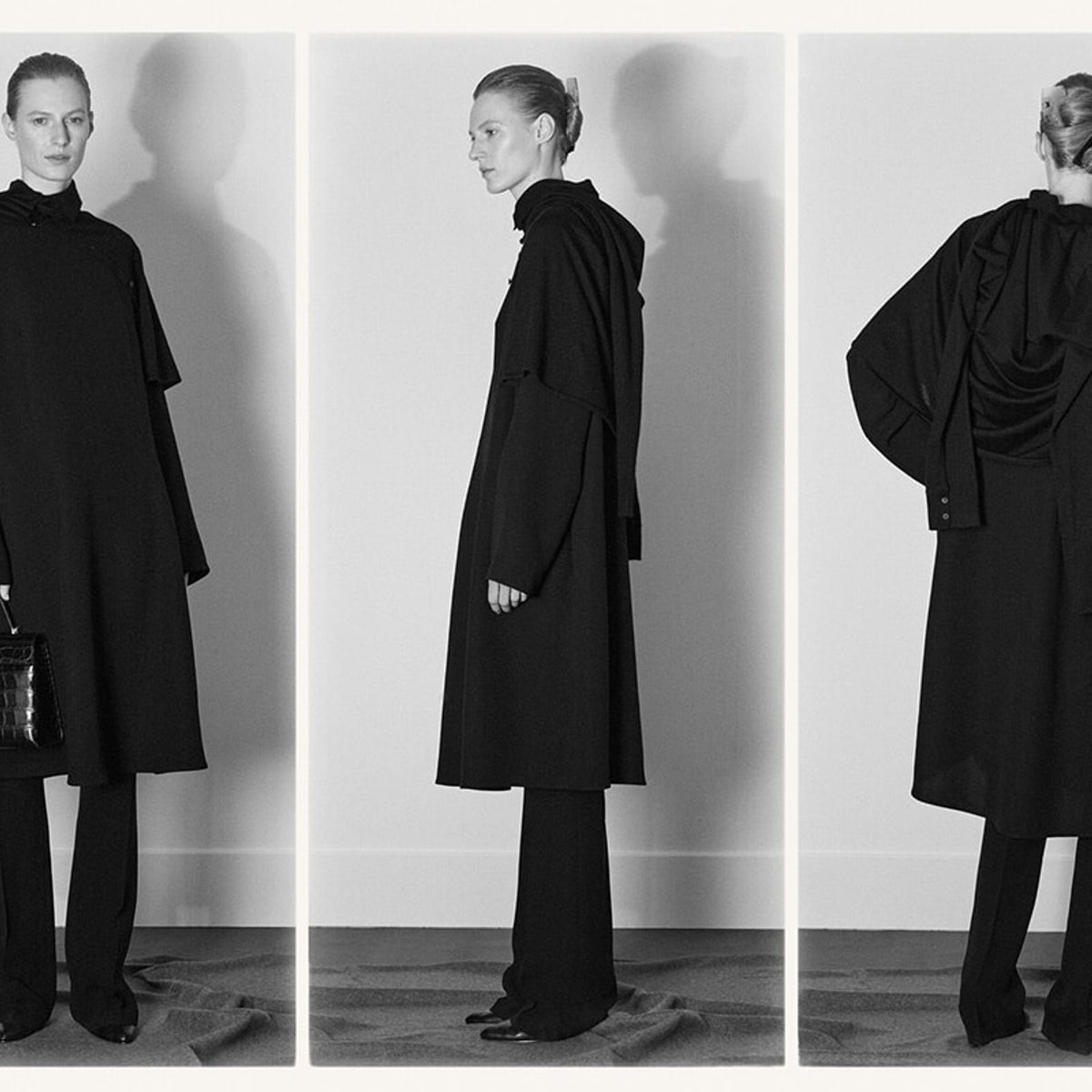 Triptych of a woman modeling a long black coat: front view with handbag on left, middle shows side profile, right shows back view (black-and-white).