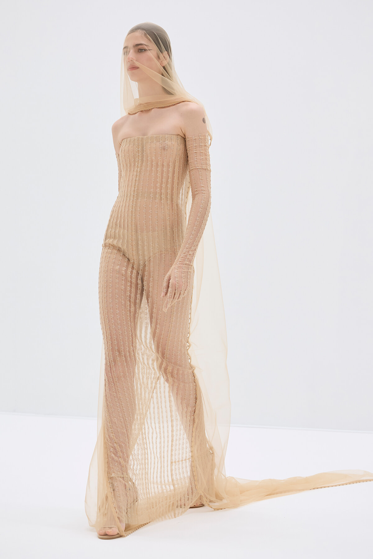 Model wearing a nude-toned, off-the-shoulder mesh gown with a long sleeve and sheer veil, standing in a studio.