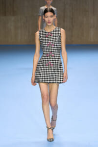Model on a runway wearing a sleeveless black-and-white houndstooth mini dress with pink floral embroidery down the front.