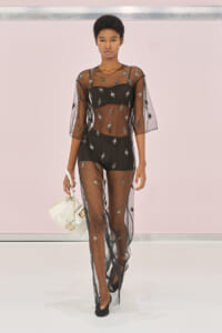 Runway look: sheer black gown with silver floral embroidery and a white handbag.