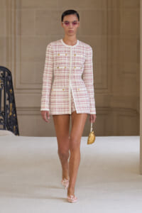 Runway model in a pink-and-white plaid tailored coat with gold buttons, pink sunglasses, and a small gold handbag.