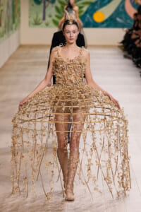 Model walks the runway in a nude-toned lattice cage dress adorned with dried flowers and a tall feathered headpiece.",