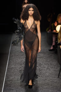 Model walks a runway in a sheer black mesh gown with a deep V-neck and a large black feathered arm ornament on her left side.