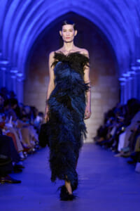 Model walking a runway in a strapless blue-black feathered gown under blue archway lighting.