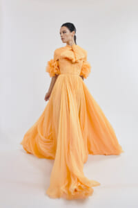 Woman in a peach floor-length gown with dramatic puff sleeves and a large bow at the neck, posing against a light backdrop.