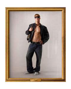 Framed portrait of a muscular man in a black leather jacket, jeans, and sunglasses, posing with one hand on his hip inside a gold ornate frame labeled 'Figo'.