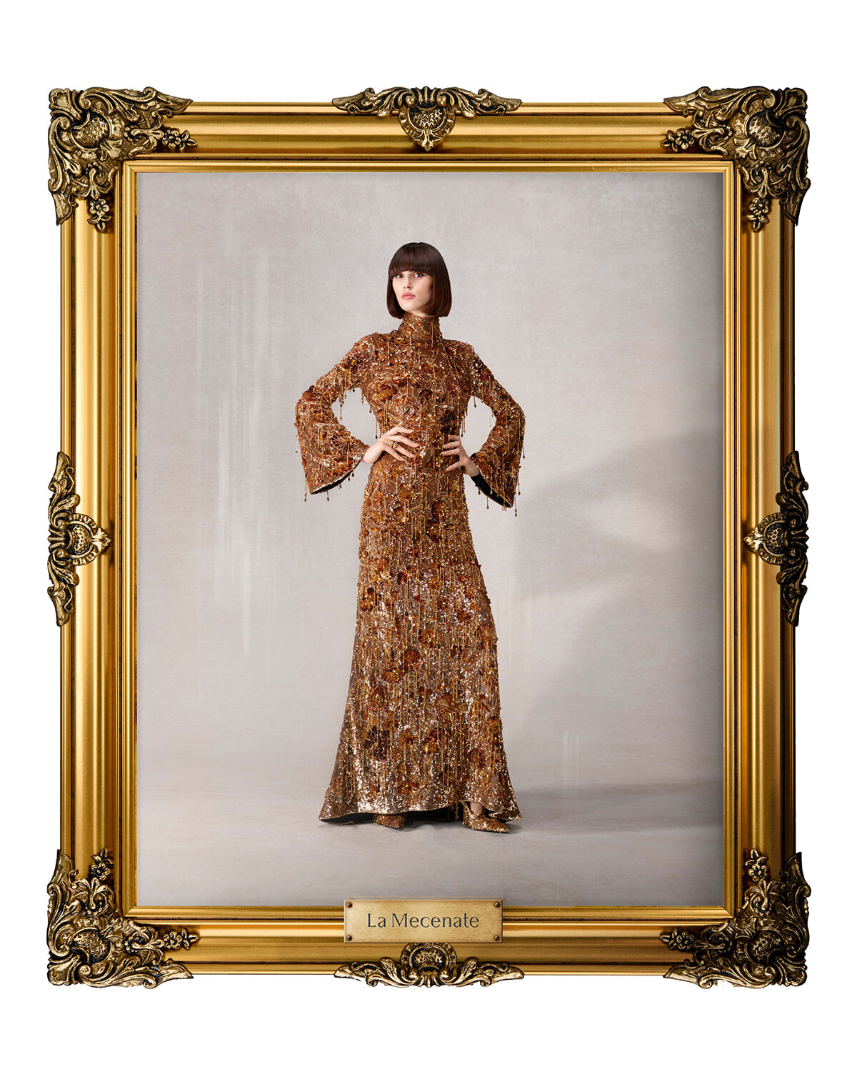 Portrait of a woman in a full-length gold-sequin gown inside an ornate gold frame labeled La Mecenate.