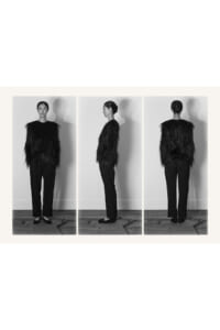 Triptych of a model in a black feathered top and trousers, shown from front, side, and back in a studio.