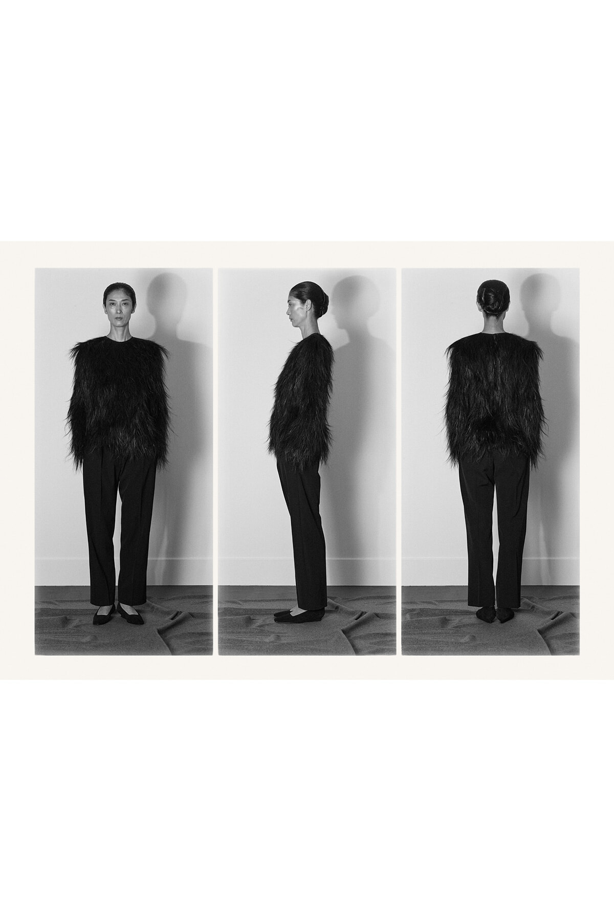 Triptych of a model in a black feathered top and trousers, shown from front, side, and back in a studio.