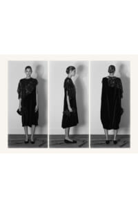 Black-and-white triptych of a model in a velvet dress with a beaded cape, shown from front, side, and back while holding a clutch