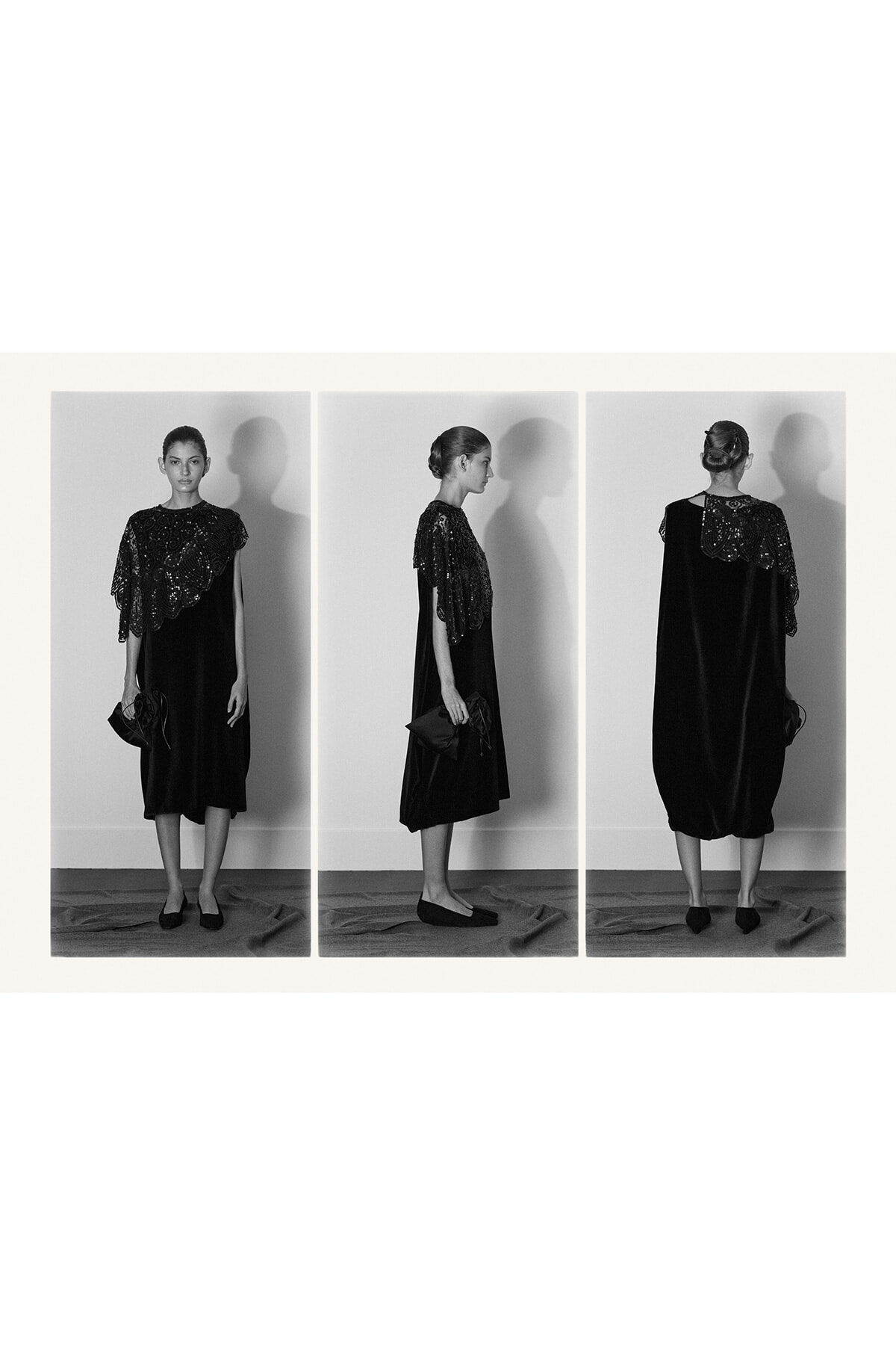 Black-and-white triptych of a model in a velvet dress with a beaded cape, shown from front, side, and back while holding a clutch