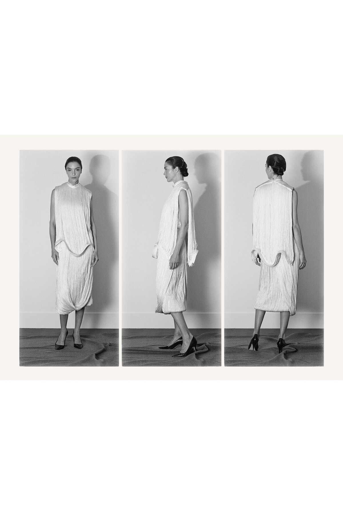Black-and-white triptych of a model in a loose, pleated white dress shown from the front, side, and back.