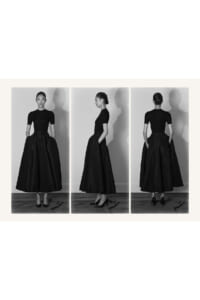 Three-panel view of a woman in a black midi dress: front, profile, and back angles.