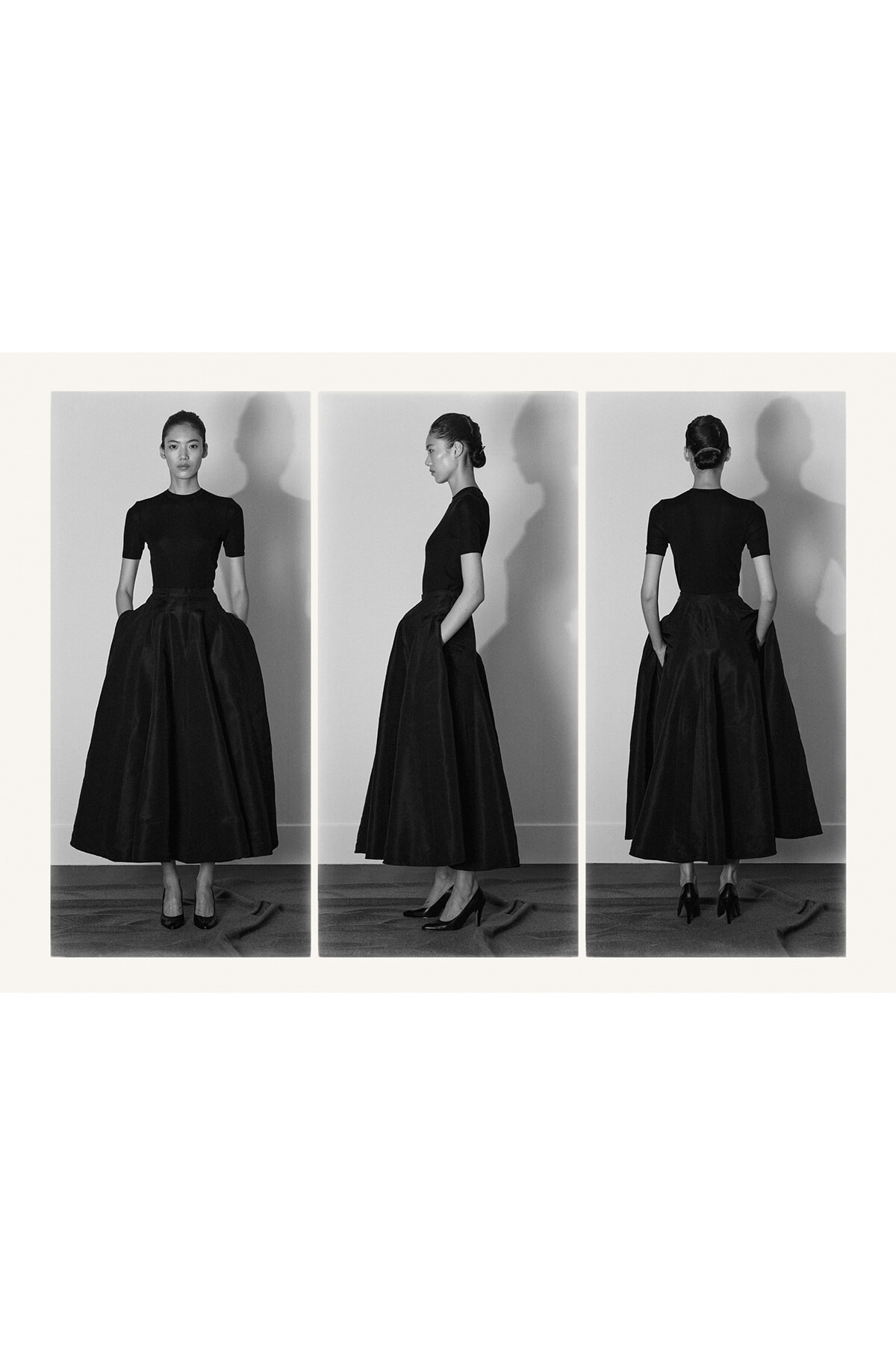 Three-panel view of a woman in a black midi dress: front, profile, and back angles.