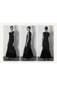 Model wearing a sleeveless black maxi dress shown in three poses: front, side, and back, against a light background.
