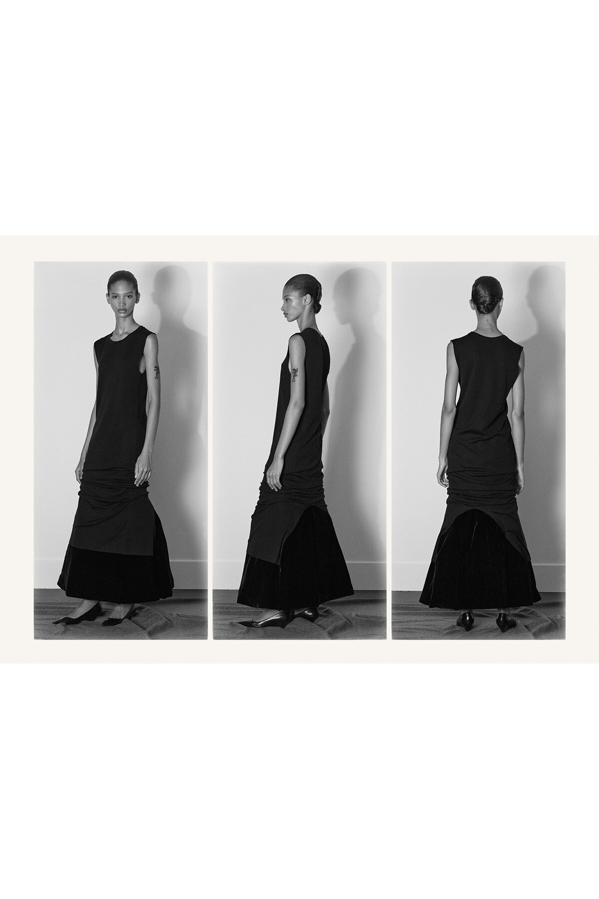 Model wearing a sleeveless black maxi dress shown in three poses: front, side, and back, against a light background.