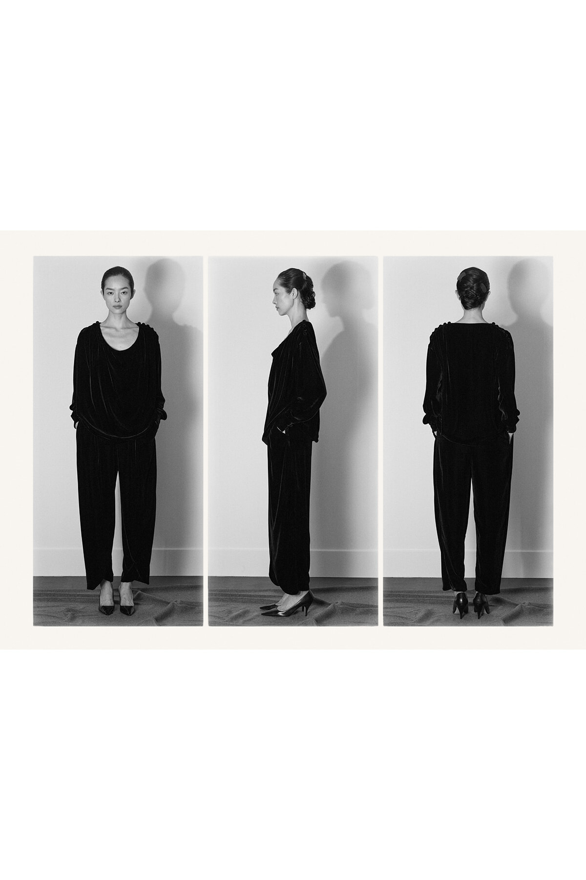 Triptych of a woman in a black velvet outfit: front, side, and back views against a light wall, wearing wide-leg pants and heeled shoes.
