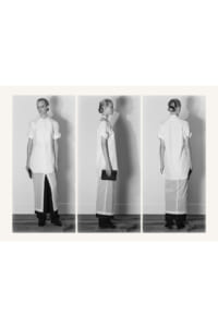 Triptych of a model in a white shirt-dress with a front slit, holding a black clutch; views are front, side, and back in a studio.