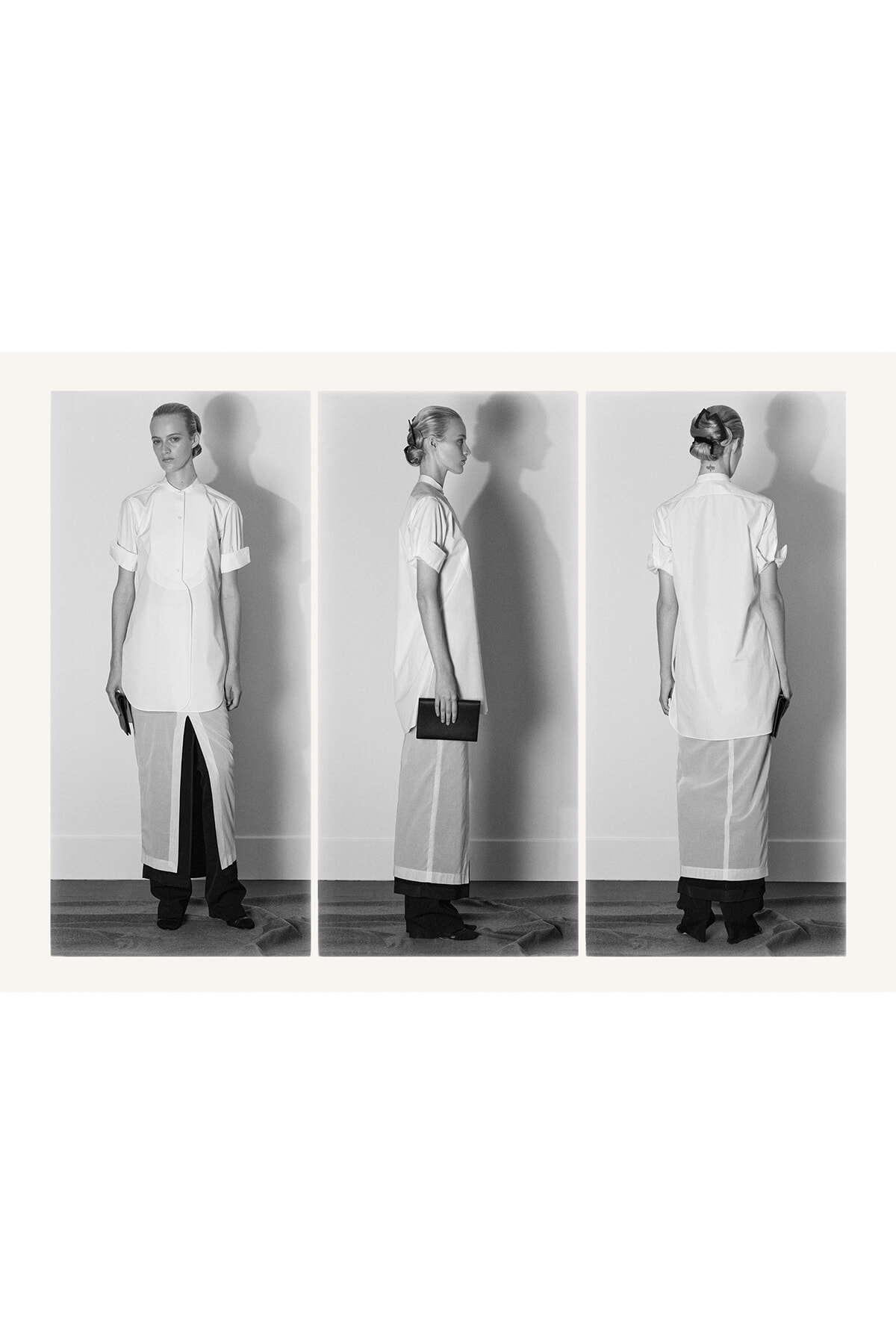 Triptych of a model in a white shirt-dress with a front slit, holding a black clutch; views are front, side, and back in a studio.