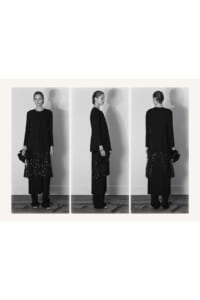 Triptych of a woman in a black ensemble—front, profile, and back views, holding a dark clutch.
