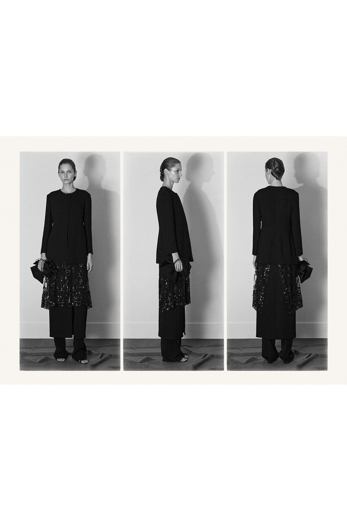 Triptych of a woman in a black ensemble—front, profile, and back views, holding a dark clutch.