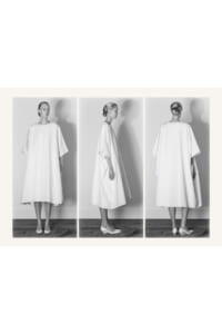 Triptych of a woman in a loose white shift dress shown front, side, and back in a studio.