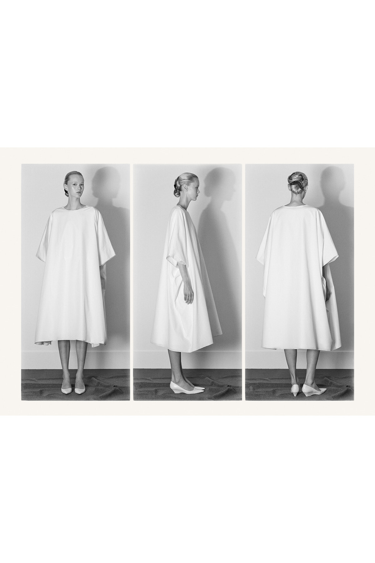 Triptych of a woman in a loose white shift dress shown front, side, and back in a studio.