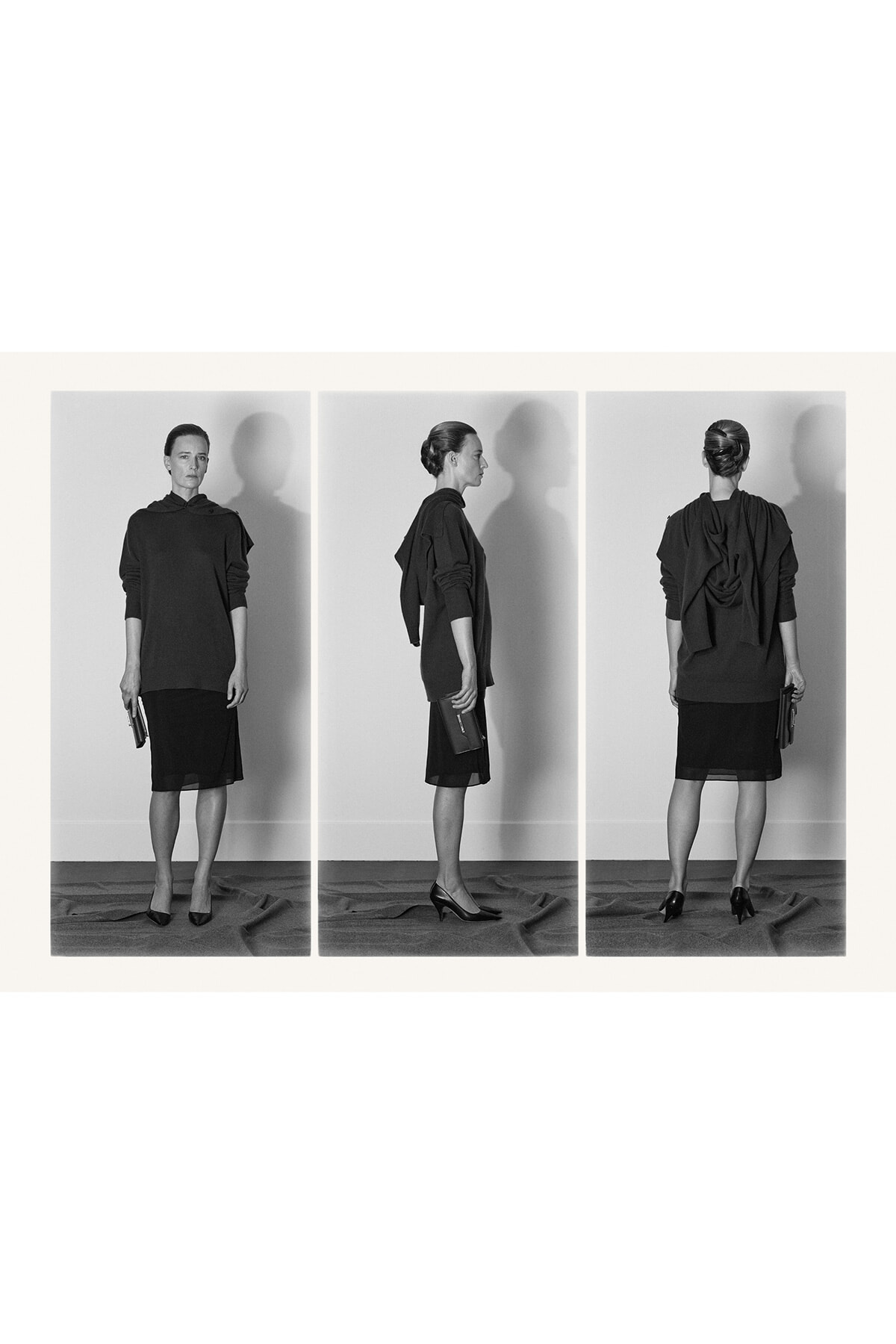 Triptych of a woman in a black outfit shown from front, side, and back against a light wall, holding a clutch.