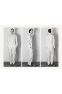 Triptych photo of a woman in a white suit shown from front, side, and back.