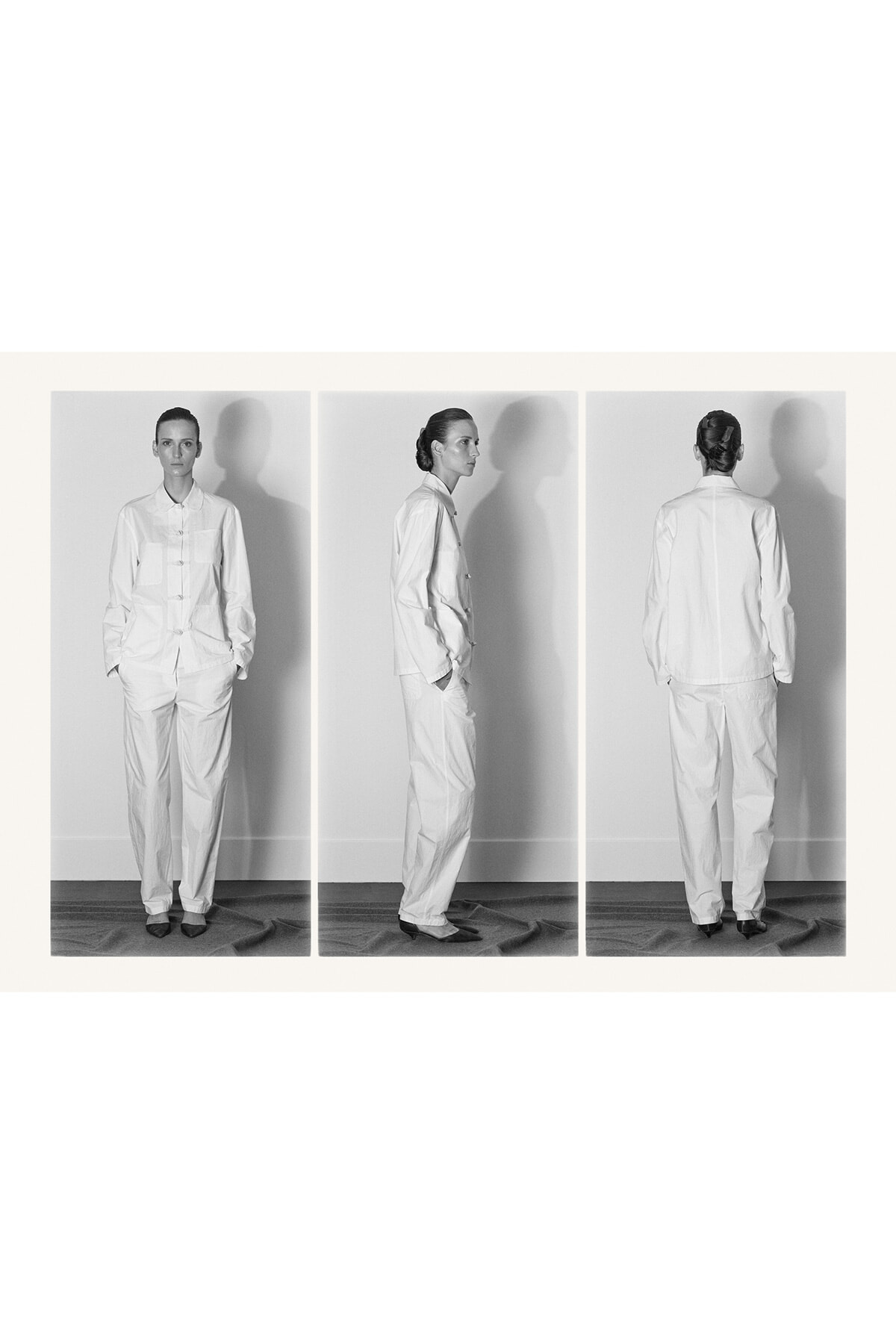 Triptych photo of a woman in a white suit shown from front, side, and back.