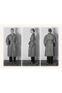 Triptych of a woman wearing a belted trench coat: front, side, and back views in grayscale.