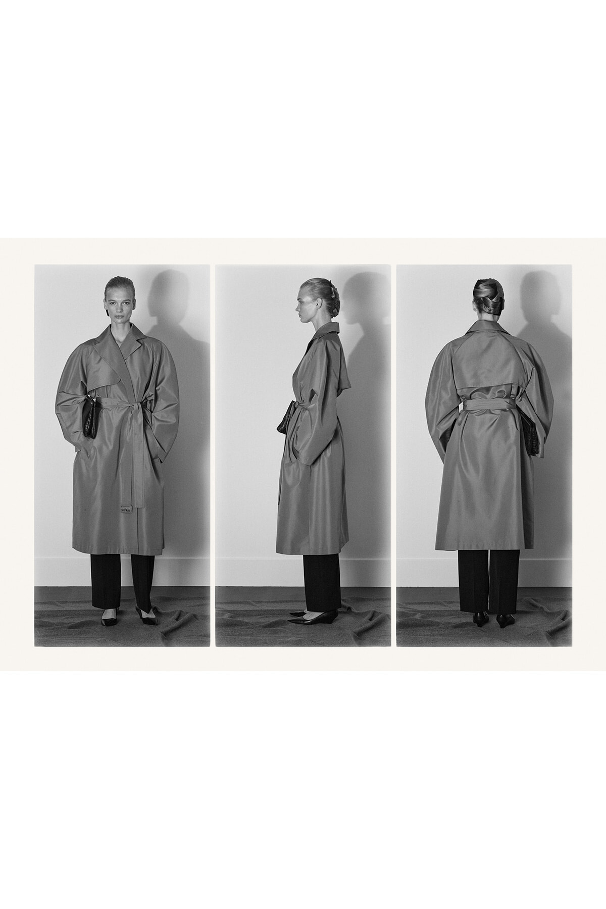 Triptych of a woman wearing a belted trench coat: front, side, and back views in grayscale.