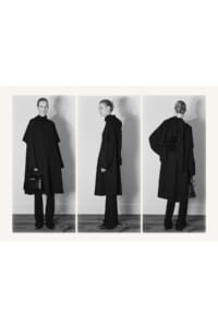 Triptych of a model in a black coat with a handbag, shown from front, side, and back against a neutral backdrop.
