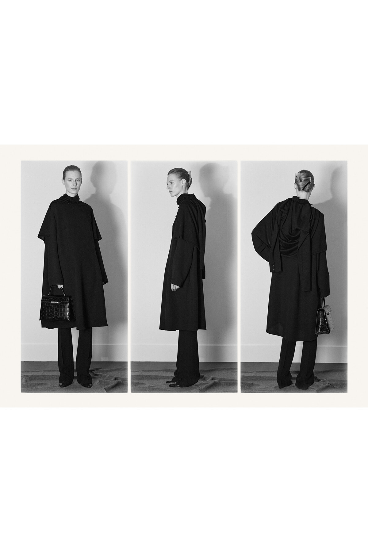 Triptych of a model in a black coat with a handbag, shown from front, side, and back against a neutral backdrop.