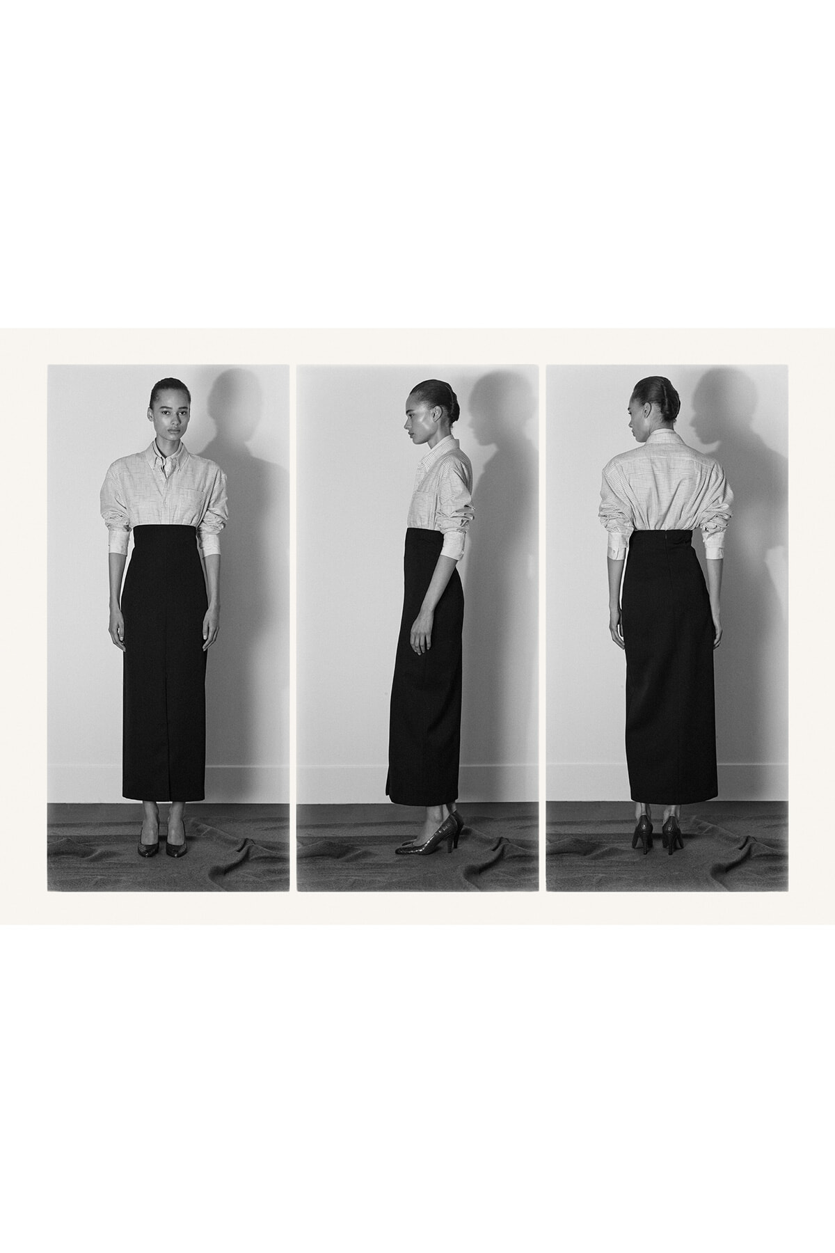 Triptych photo of a woman in a light button-down shirt and black midi skirt, shown from front, side, and back against a plain wall.