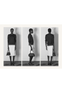 Triptych photograph of a woman in a dark sweater and light skirt holding a handbag, shown from front, side, and back.
