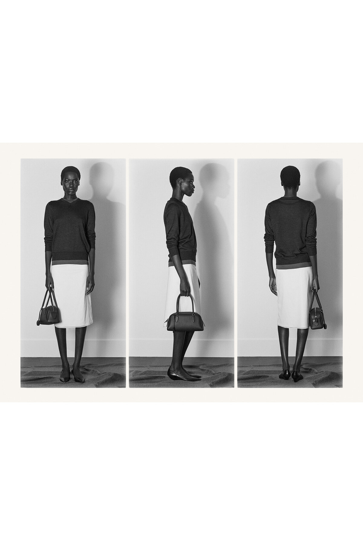 Triptych photograph of a woman in a dark sweater and light skirt holding a handbag, shown from front, side, and back.