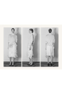 Triptych of a model in a white turtleneck and feathered MIDI skirt, shown from front, side, and back (black-and-white fashion photo).