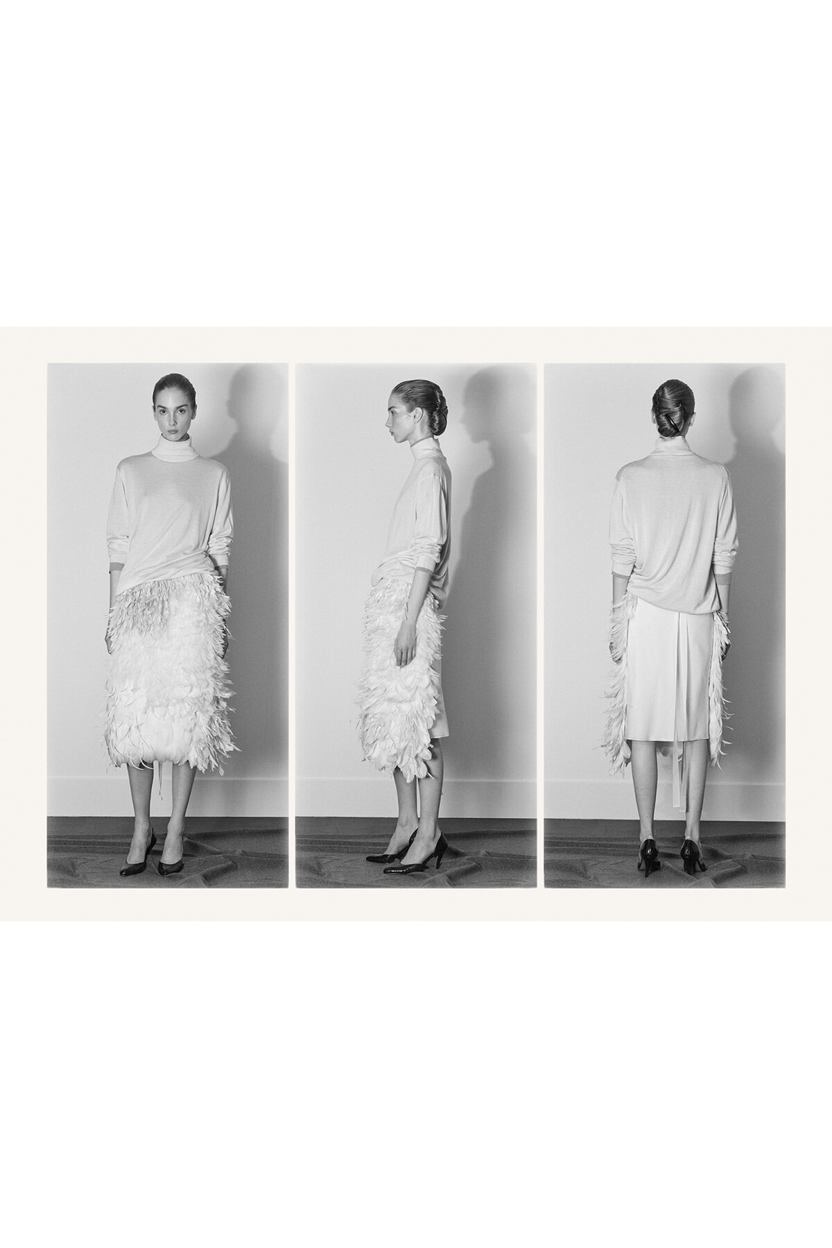 Triptych of a model in a white turtleneck and feathered MIDI skirt, shown from front, side, and back (black-and-white fashion photo).