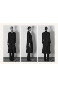 Triptych of a model in a long black coat and matching pants, shown from front, side, and back.