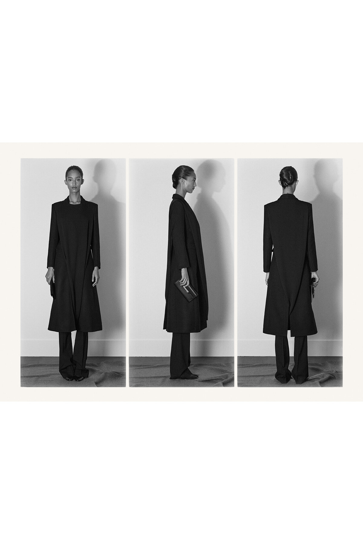 Triptych of a model in a long black coat and matching pants, shown from front, side, and back.